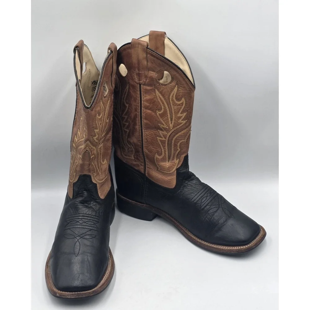 Old West BSY1810 Youth Western Boots Black Tan Calf Leather Square Toe Sz 7